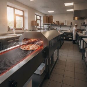 Forno de esteira contínua com cocção por ar impingido em cozinha profissional de pizzaria