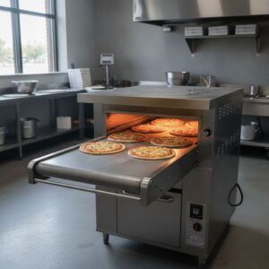 Forno de esteira contínua em operação em cozinha comercial de pizzaria, com pizzas passando pela esteira